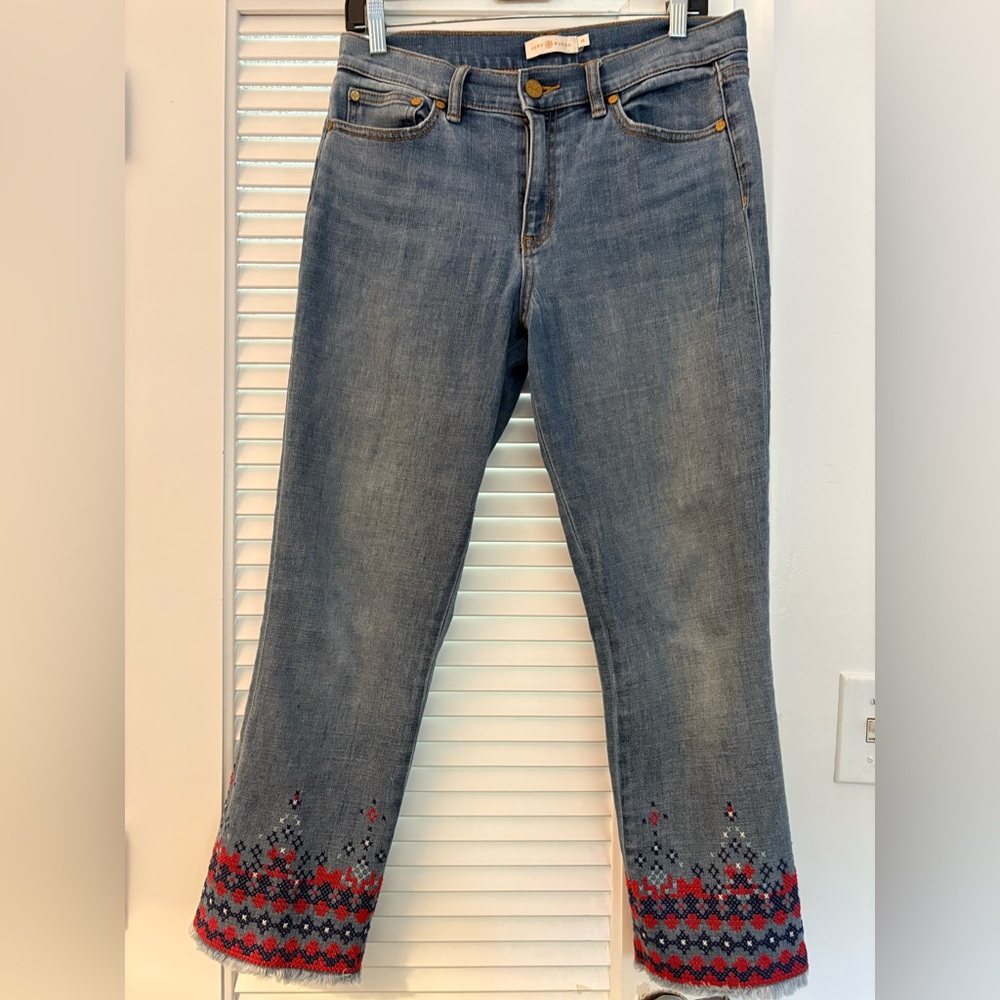 Tory Burch Blue Jeans with Red Embroidery